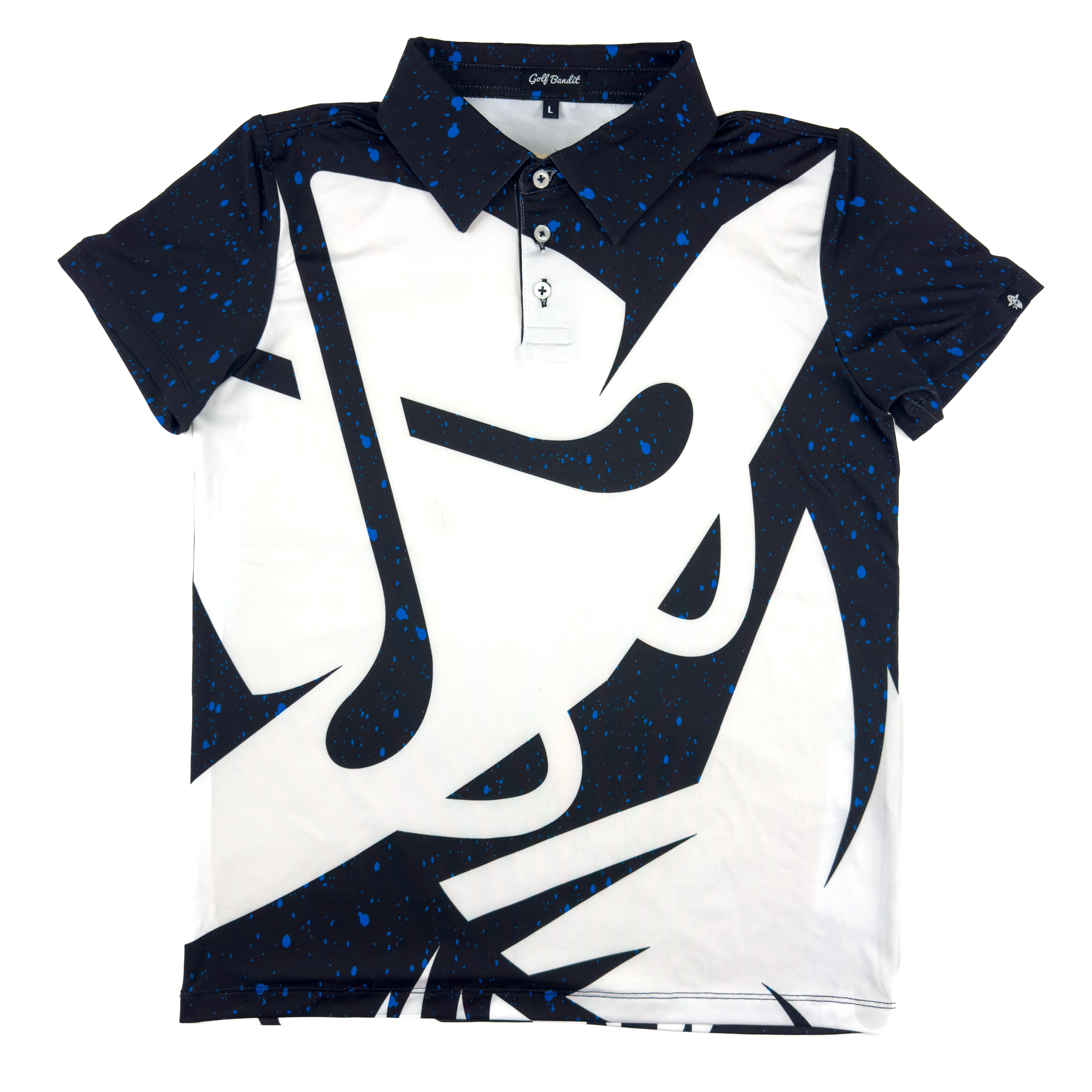 Full view of Bandito Blitz Boys Junior Golf Polo in bold black and white graphic design with blue speckles, laid flat to showcase the overall design, moisture-wicking fabric, SPF 50 protection, wrinkle-resistance, and 4-way stretch. Ideal junior golf clothing for boys aged 8-14. Golf Bandit Junior Golf Polos are the best quality in US Kids Golf apparel.