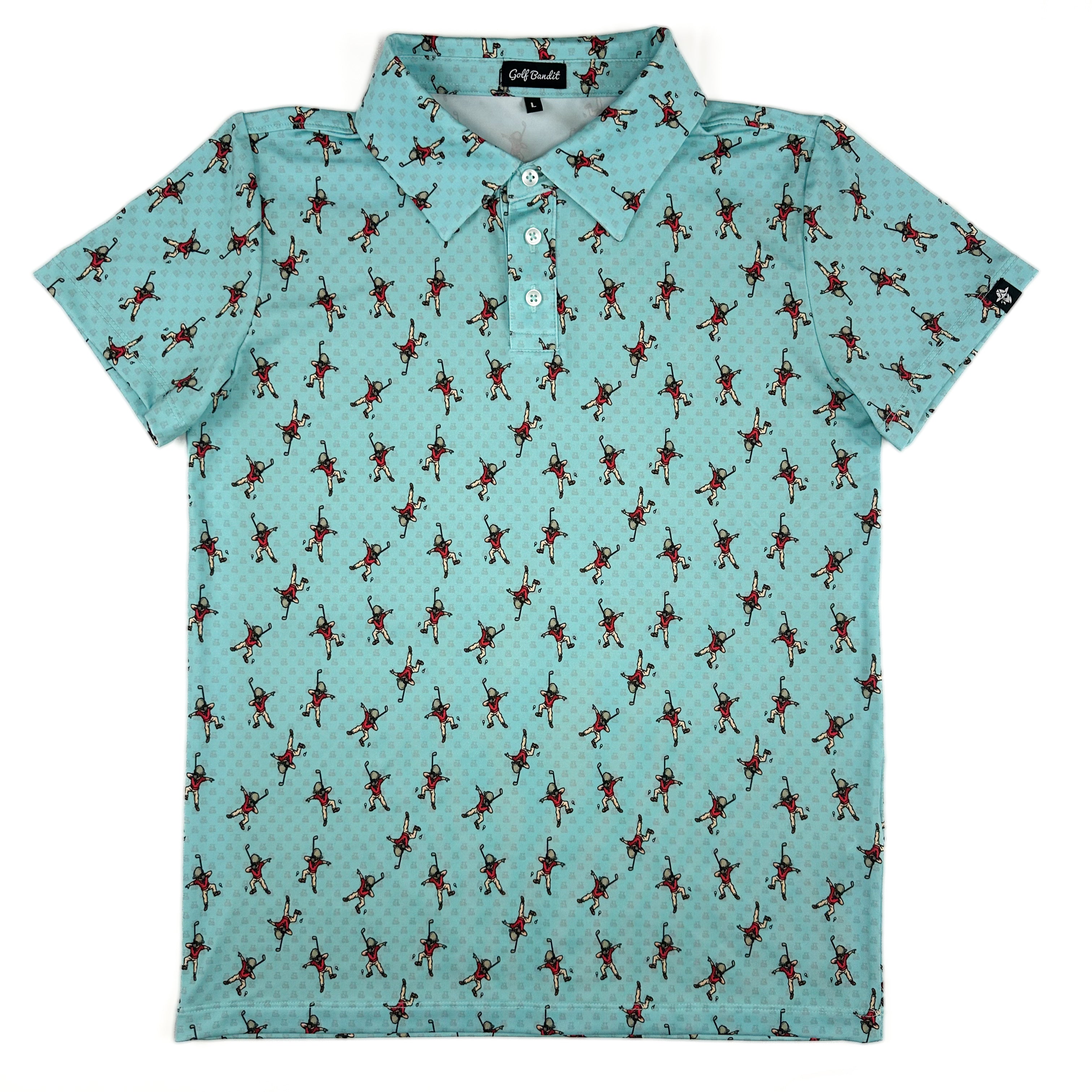 Full view of Dapper Dab Boys Junior Golf Polo in light blue with playful dabbing golfer print, laid flat to showcase the overall design, moisture-wicking fabric, SPF 50 protection, wrinkle-resistance, and 4-way stretch. Ideal junior golf clothing for boys aged 8-14. Golf Bandit Junior Golf Polos are the best quality in US Kids Golf apparel.