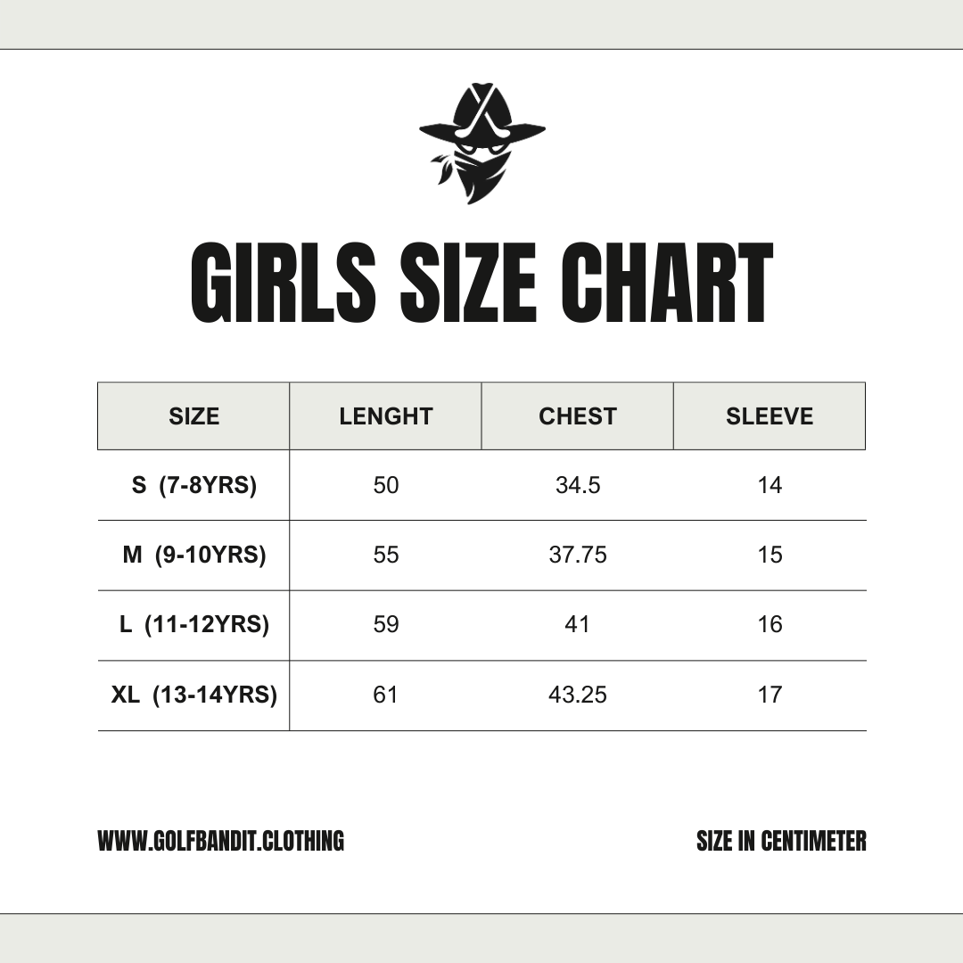 Size chart with measurements for Girls Junior Golf Polos. Golf Bandit Junior Golf Polos are the best quality in US Kids Golf apparel
