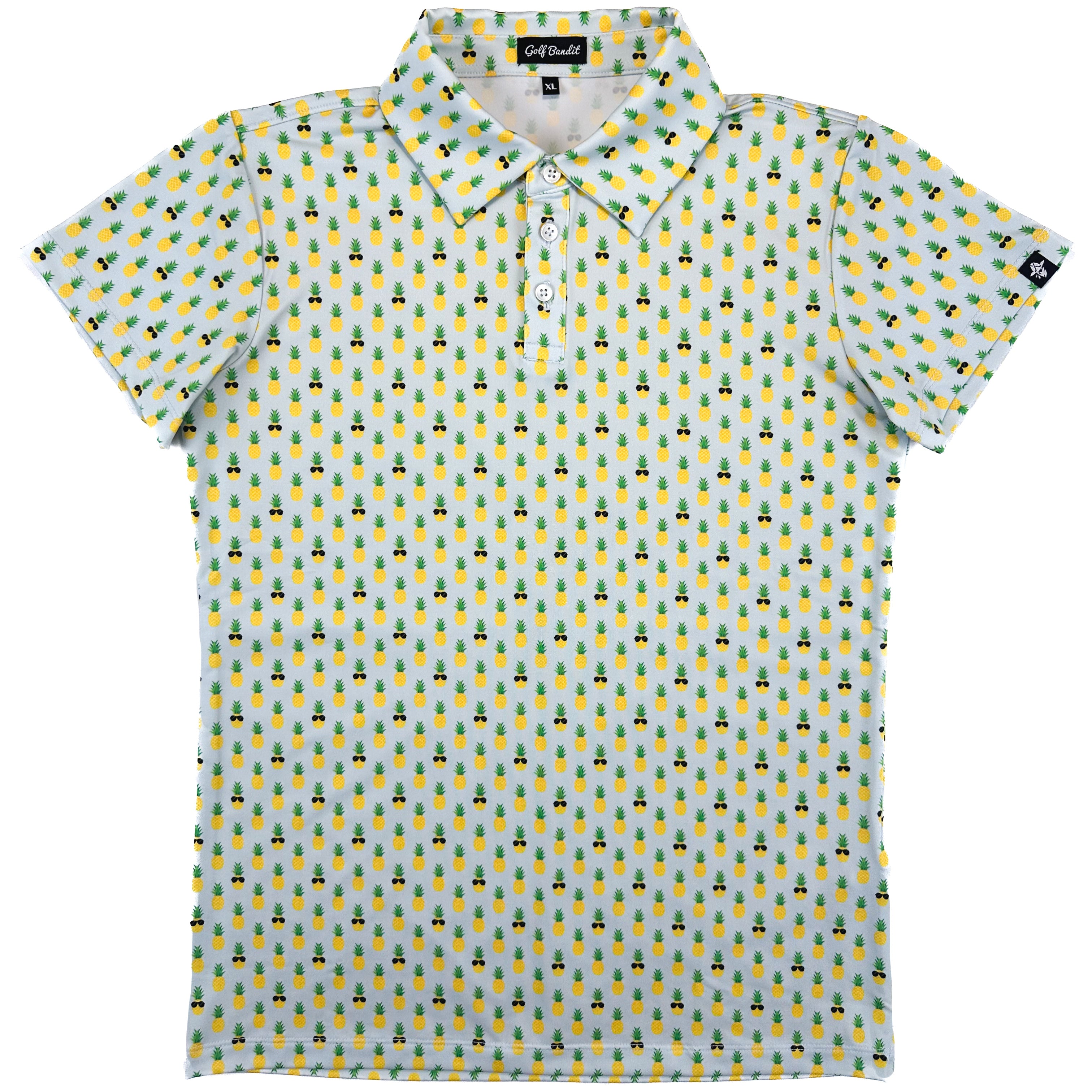 Full view of La Piña Girls Junior Golf Polo in light blue with playful pineapple print, laid flat to showcase the overall design, moisture-wicking fabric, SPF 50 protection, wrinkle-resistance, and 4-way stretch. Ideal junior golf clothing for girls aged 8-14. Golf Bandit Junior Golf Polos are the best quality in US Kids Golf apparel.