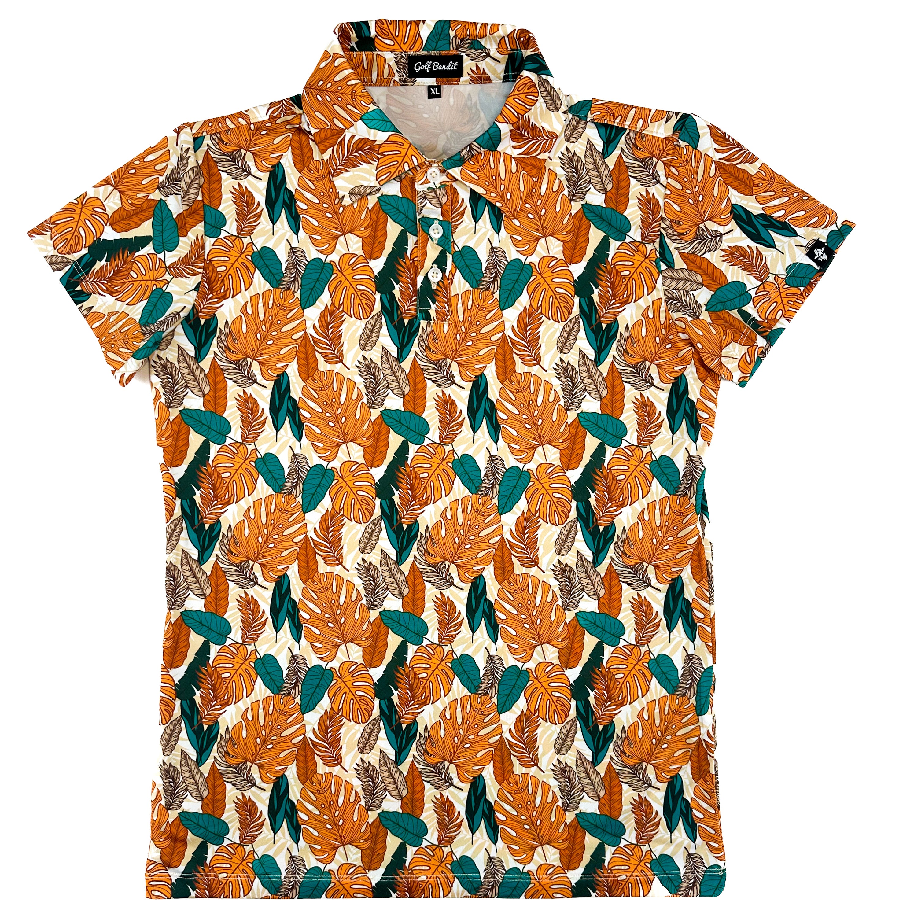 Full view of Paradise Greens Girls Junior Golf Polo in a vibrant leafy design, laid flat to showcase the overall design, moisture-wicking fabric, SPF 50 protection, wrinkle-resistance, and 4-way stretch. Perfect junior golf clothing for girls aged 8-14. Golf Bandit Junior Golf Polos are the best quality in US Kids Golf apparel.