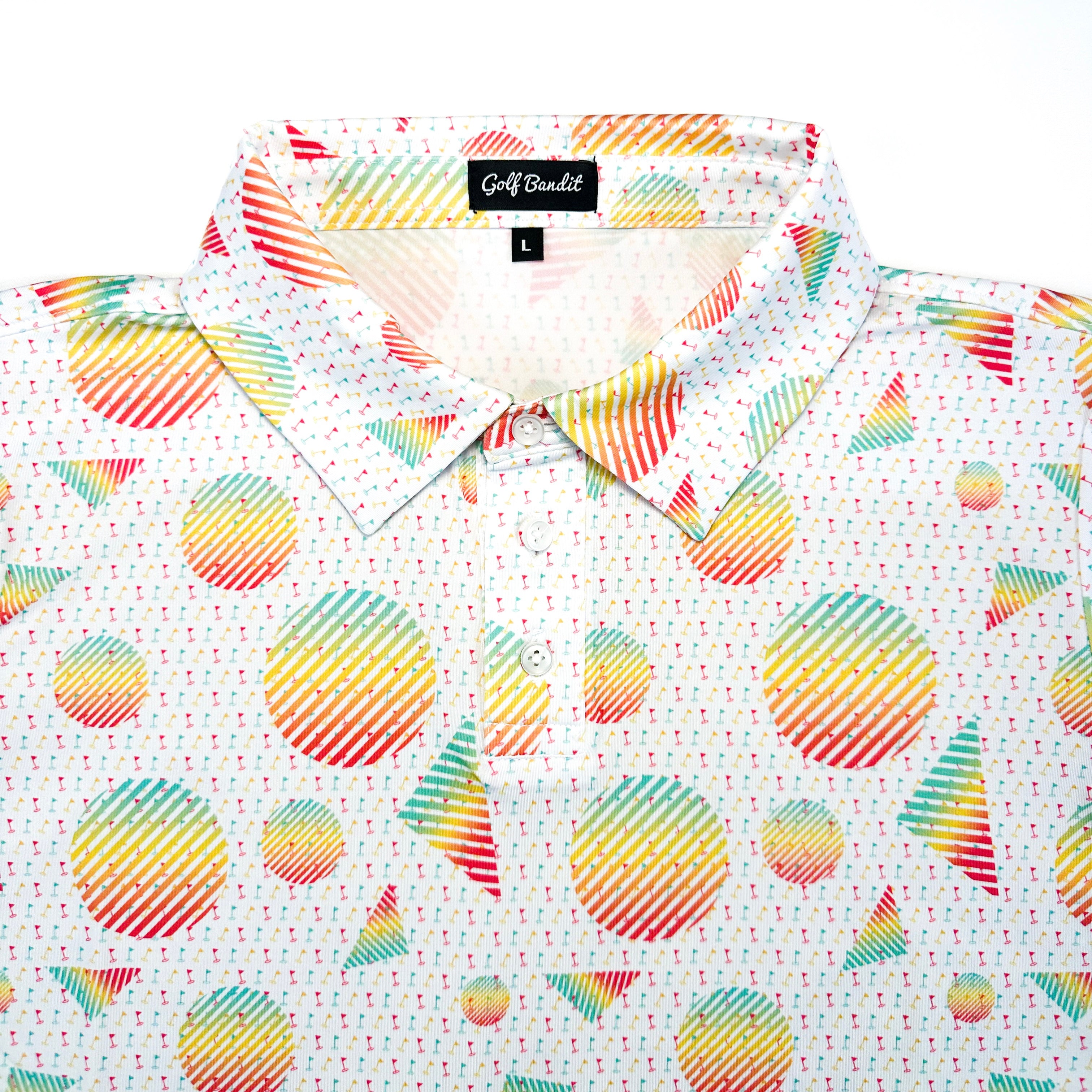 Close-up of Sharpshooter Boys Junior Golf Polo collar in a vibrant geometric design with mini golf flags, showcasing moisture-wicking fabric, SPF 50 protection, wrinkle-resistance, and 4-way stretch. Perfect junior golf clothing for boys aged 8-14. Golf Bandit Junior Golf Polos are the best quality in US Kids Golf apparel.