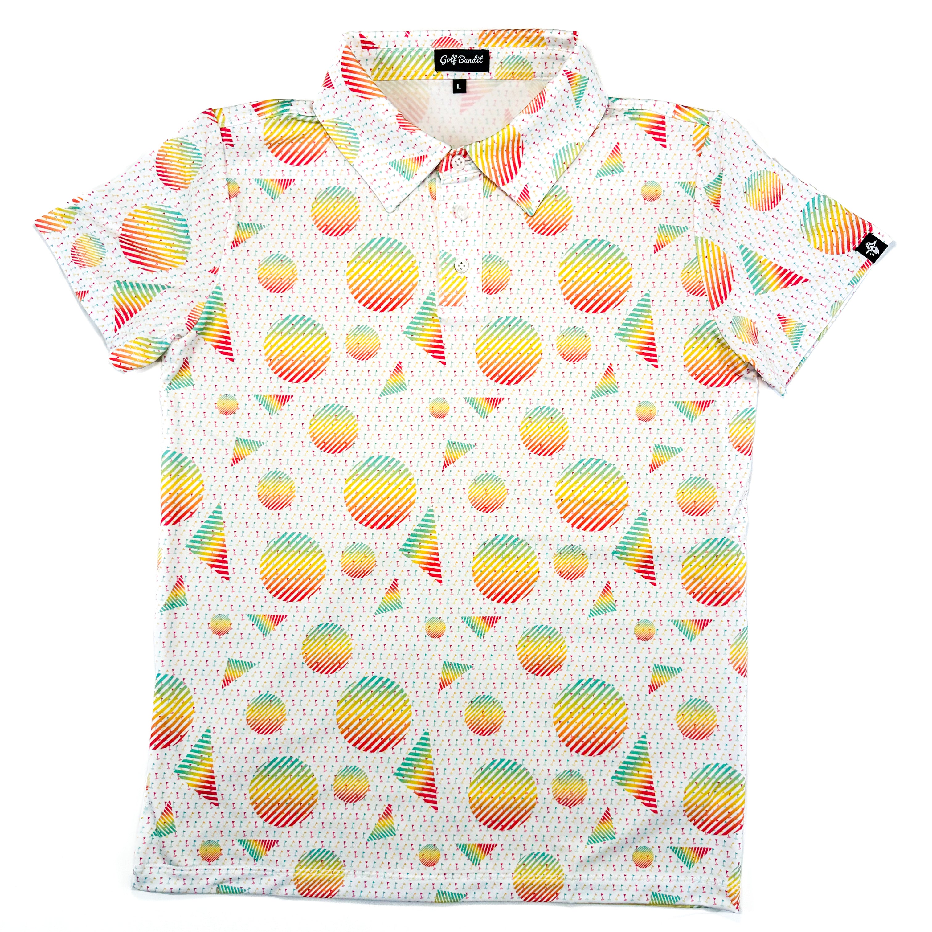 Full view of Sharpshooter Boys Junior Golf Polo in a vibrant geometric design with mini golf flags, laid flat to showcase the overall design, moisture-wicking fabric, SPF 50 protection, wrinkle-resistance, and 4-way stretch. Perfect junior golf clothing for boys aged 8-14. Golf Bandit Junior Golf Polos are the best quality in US Kids Golf apparel.