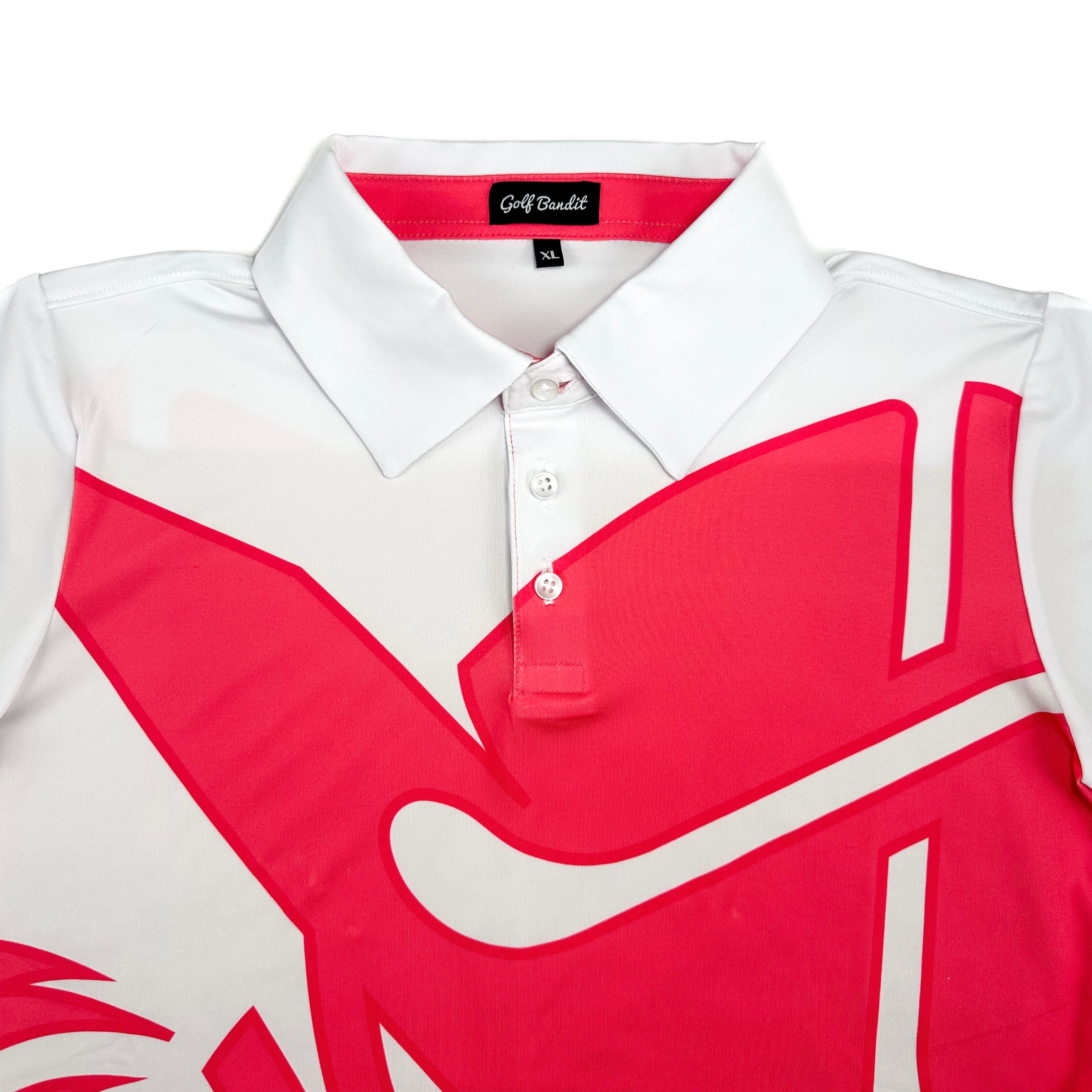 Close-up of Bandita Blossom Girls Junior Golf Polo in bold pink and white graphic design, showcasing moisture-wicking fabric, SPF 50 protection, wrinkle-resistance, and 4-way stretch. Perfect junior golf clothing for girls aged 8-14. Golf Bandit Junior Golf Polos are the best quality in US Kids Golf apparel 