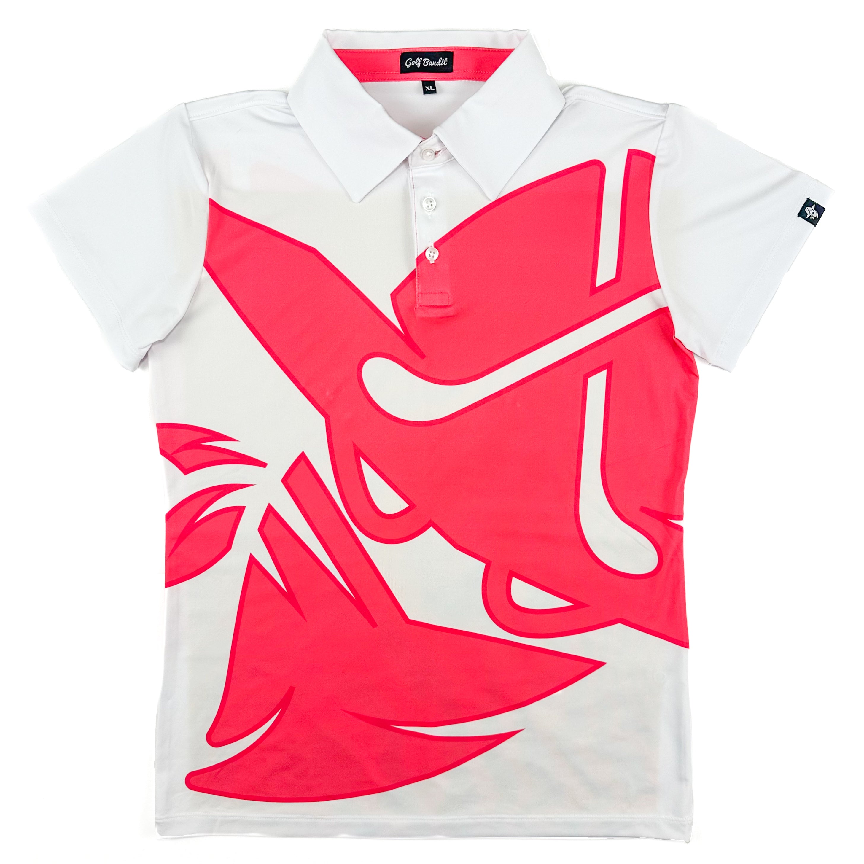 Full view of Bandita Blossom Girls Junior Golf Polo in bold pink and white graphic design, laid flat to showcase the overall design, moisture-wicking fabric, SPF 50 protection, wrinkle-resistance, and 4-way stretch. Ideal junior golf clothing for girls aged 8-14. Golf Bandit Junior Golf Polos are the best quality in US Kids Golf apparel.