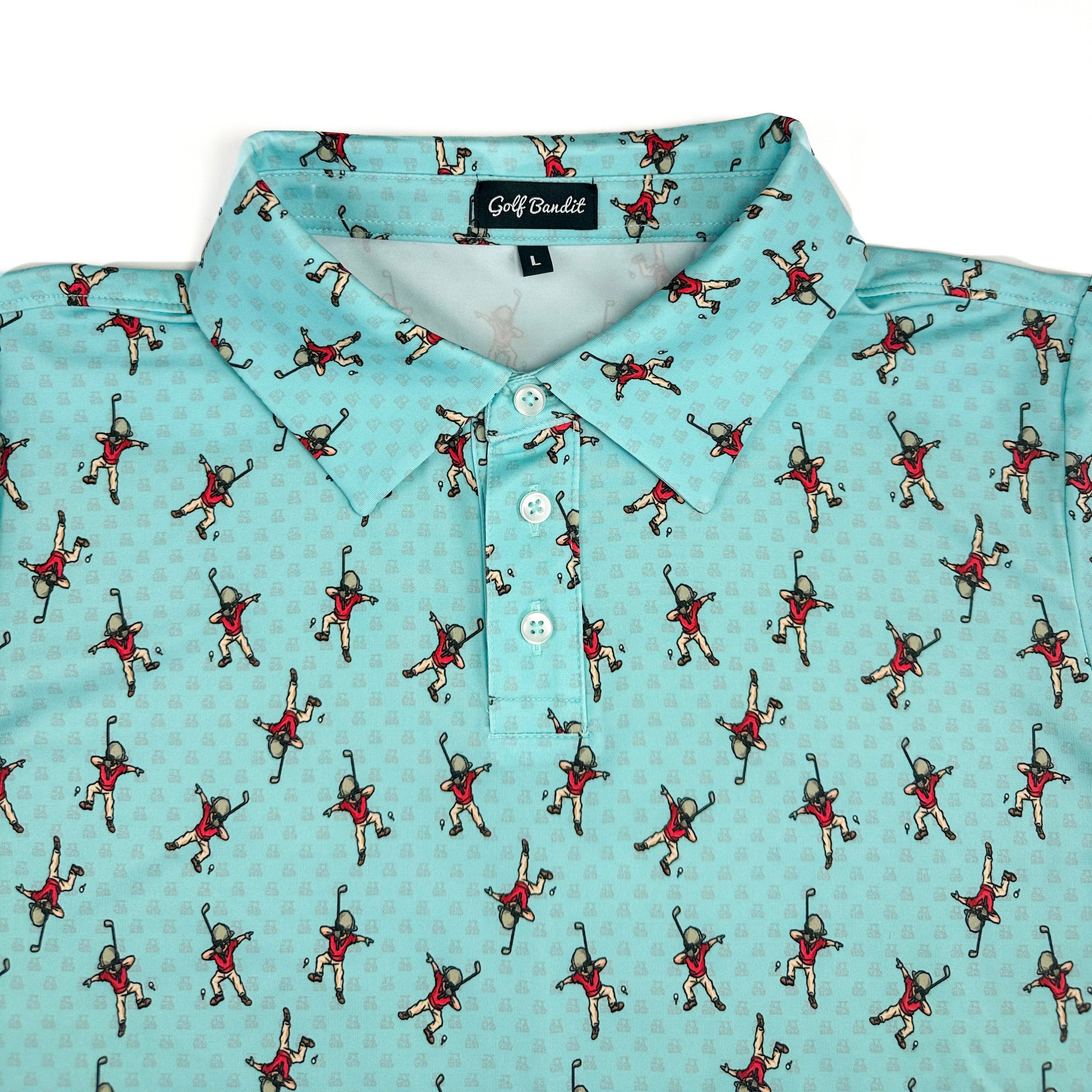 Close-up of Dapper Dab Boys Junior Golf Polo collar in light blue with playful dabbing golfer print, showcasing moisture-wicking fabric, SPF 50 protection, wrinkle-resistance, and 4-way stretch. Perfect junior golf clothing for boys aged 8-14. Golf Bandit Junior Golf Polos are the best quality in US Kids Golf apparel.